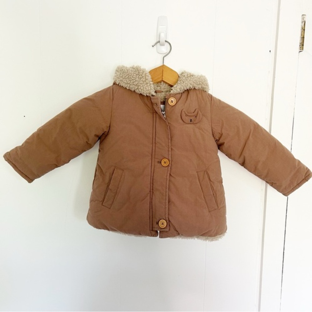 Zara Puffy Sherpa Lined‎ Hooded Coat Brown Bear 12-18 months